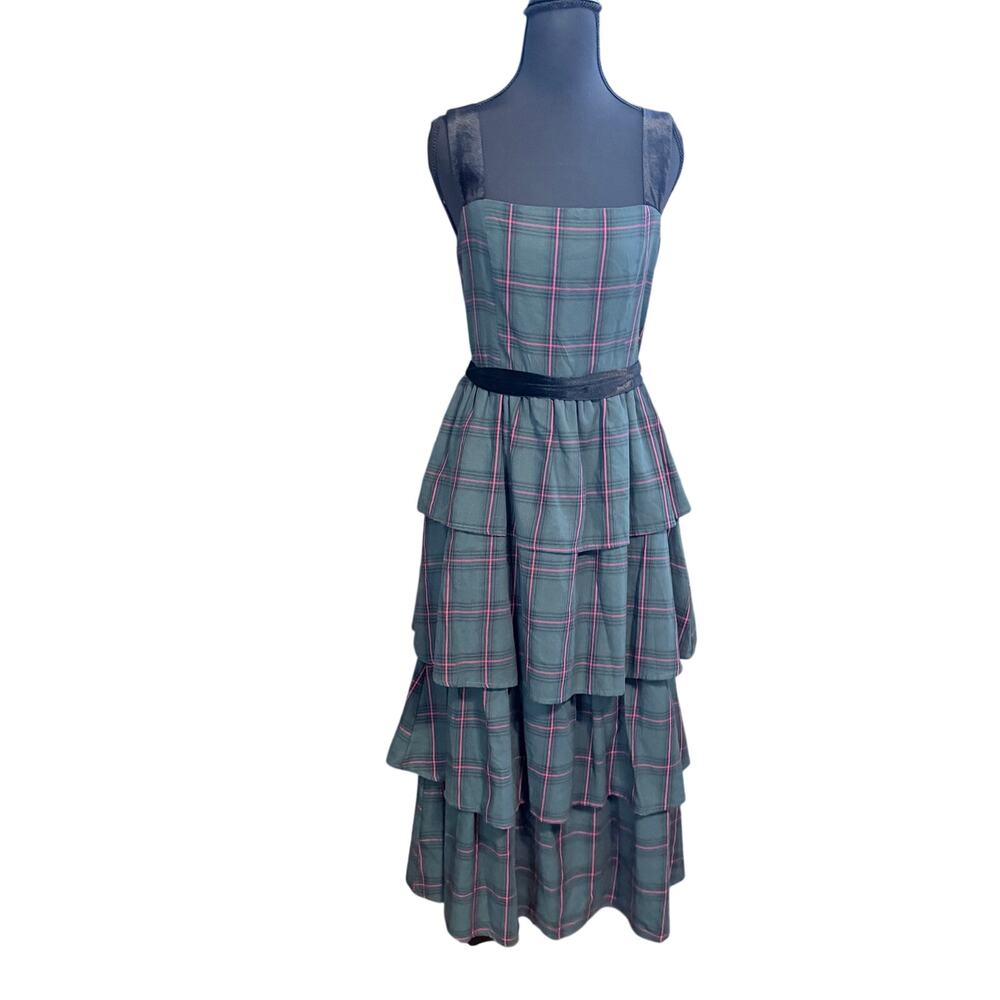 SugarLips Green Plaid velvet Tiered Midi Dress preppy Dark Academia goth Medium